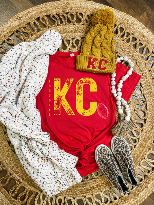 **HALFTIME DEAL**  Vertical Gold Distressed KC Football Red Tee