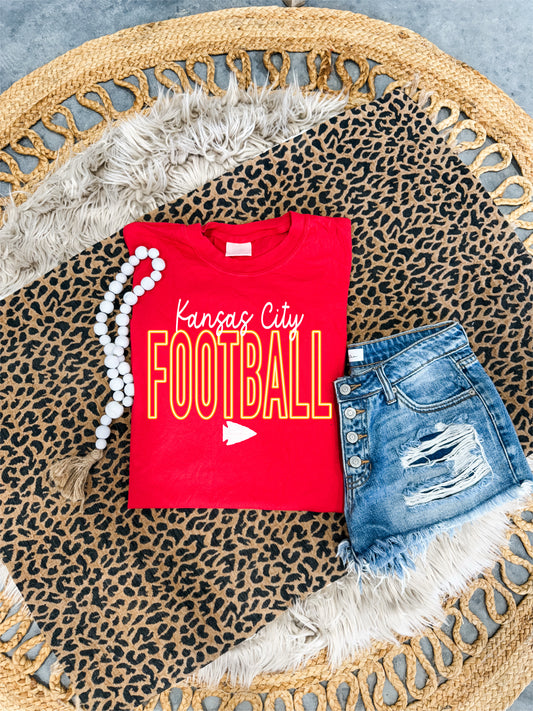 **DEAL OF THE DAY** White Script Kansas City Gold Block Football Red Tee