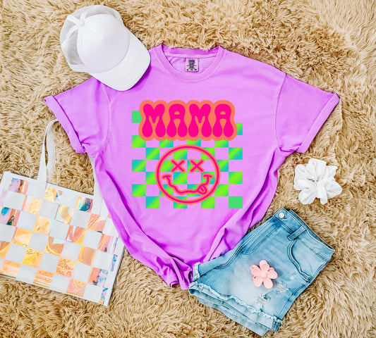 Neon Mama Checkered Smiley Neon Violet Tee