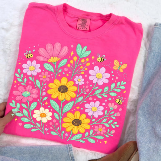 Wildflowers & Bees Collage Neon Pink Tee
