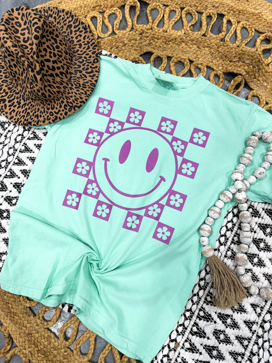 **Adult & Kids Sizes** Bright Purple Checkered Daisy Island Reef Tee