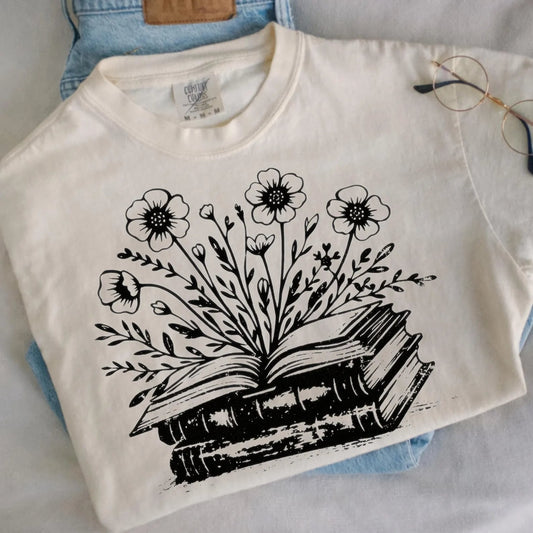 Black Ink Floral Book Ivory Tee