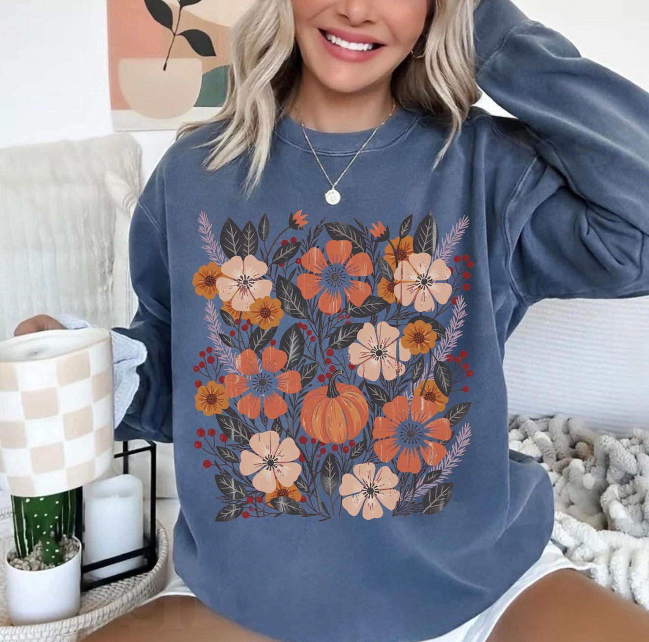 Boho Autumn Wildflowers & Pumpkins Blue Jean Sweatshirt
