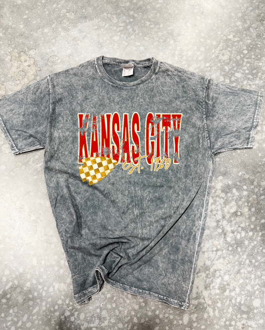 **HALFTIME DEAL** Distressed Red Kansas City Gold Checkered Arrowhead Grey Mineral Wash Tee