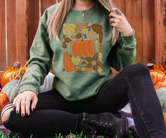 **DEAL PRICE**  Pumpkin Floral & Leaves Military Green Sweatshirt