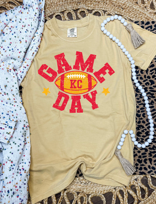 Distressed Game Day KC Football Mustard Tee