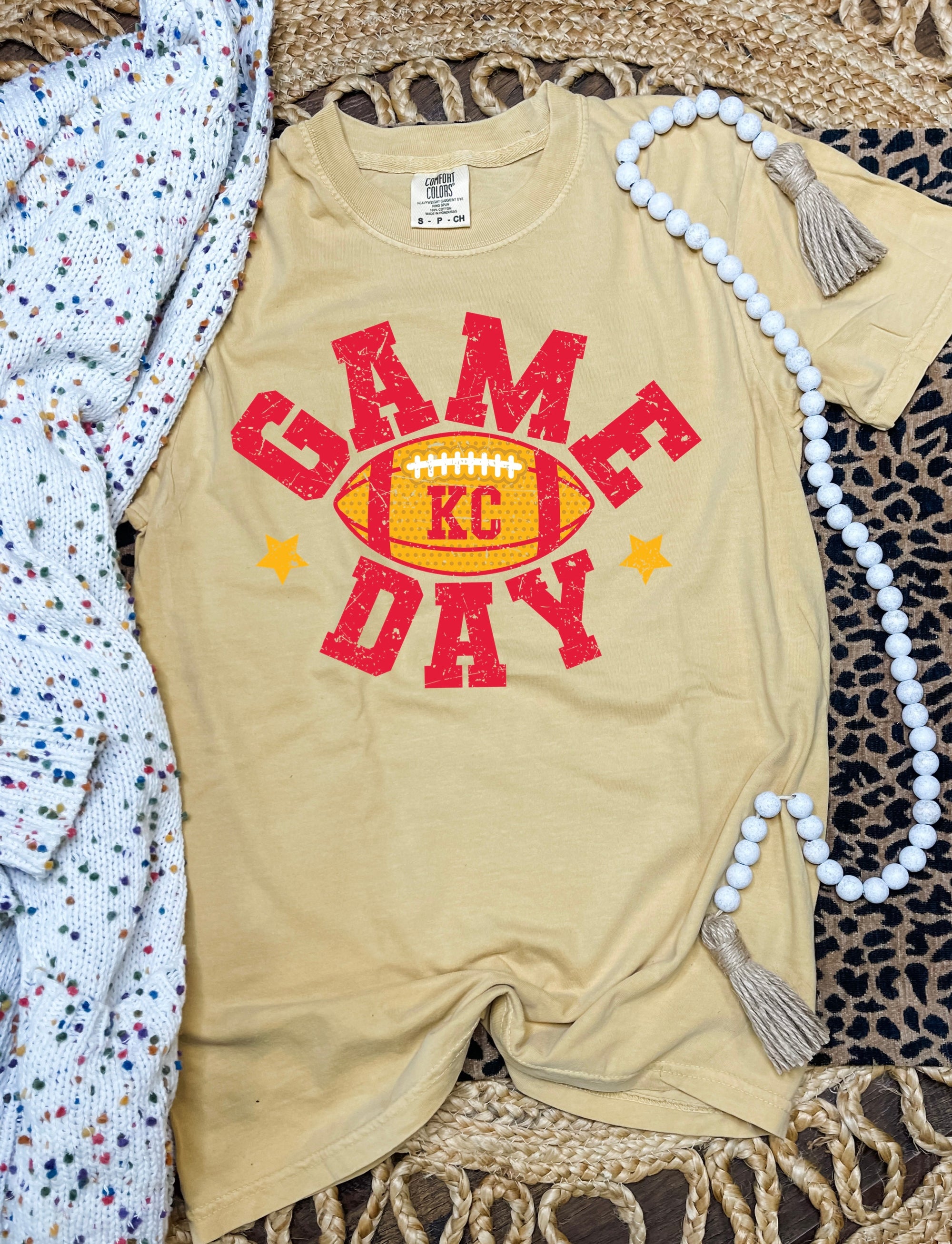 Distressed Game Day KC Football Mustard Tee