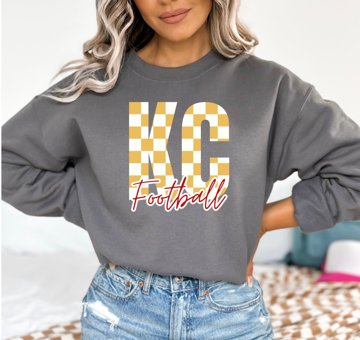 Gold & White Checkered KC Football Charcoal Sweatshirt