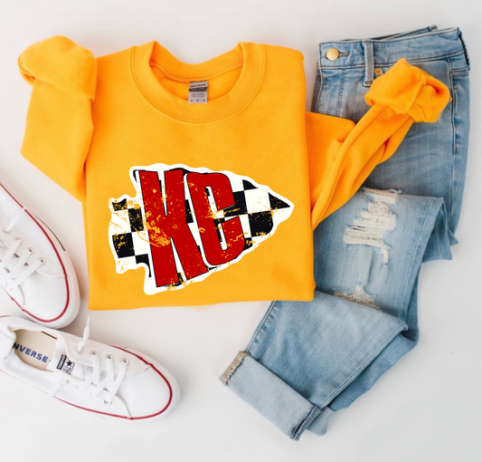 **HALFTIME DEAL** Red KC Checkered Arrowhead Gold Sweatshirt