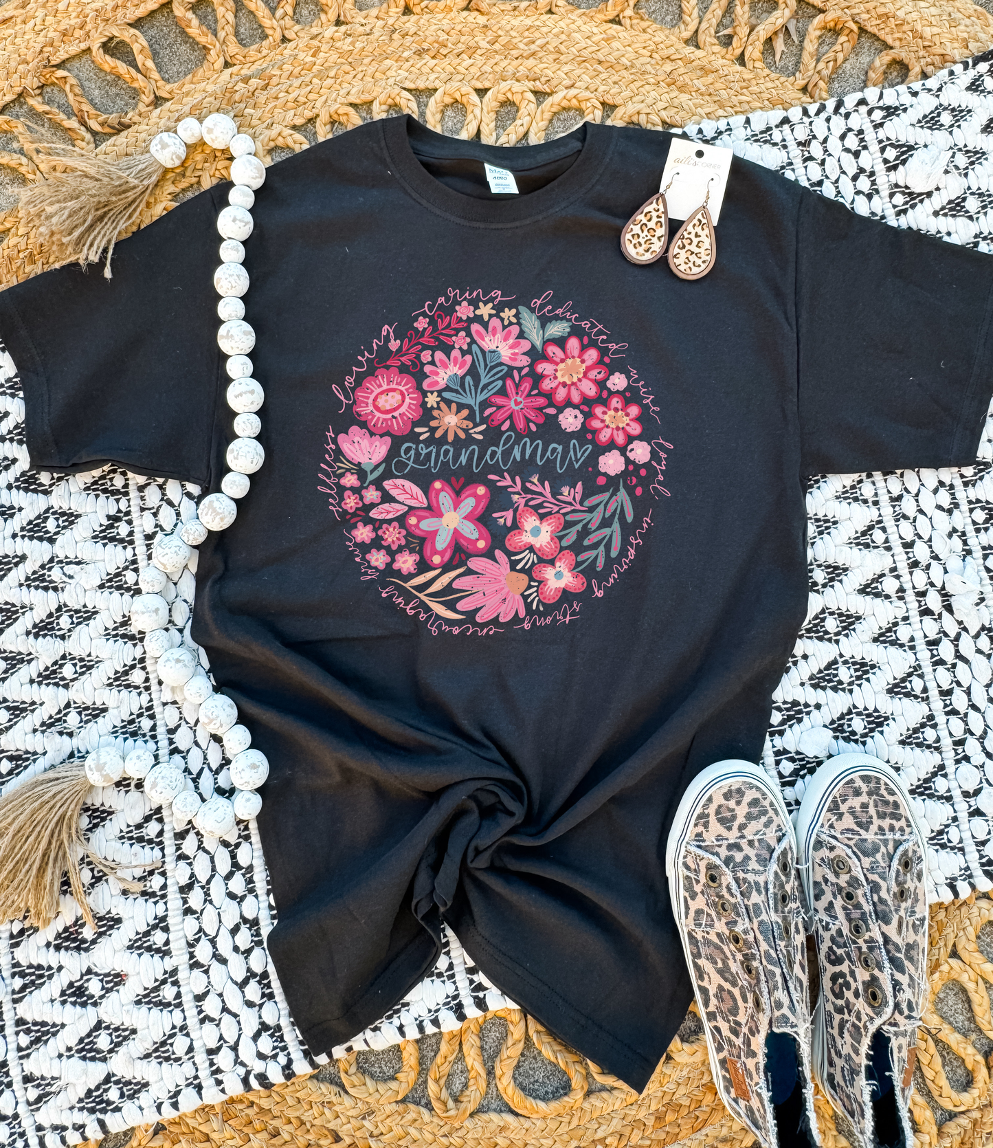 Pink & Teal Grandma Circle Black Tee