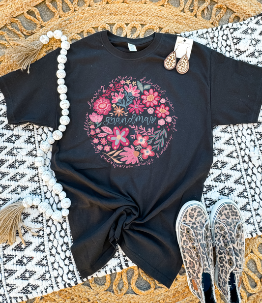 Pink & Teal Grandma Circle Black Tee