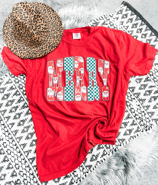 **CHRISTMAS IN JULY** Red Santa Green Checkered Red Tee