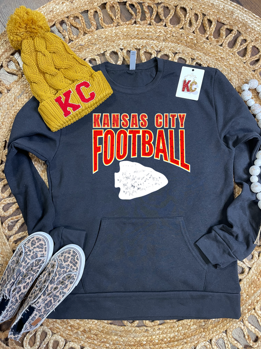 Red & Yellow Kansas City White Distressed Arrowhead Black Pocket Sweatshirt