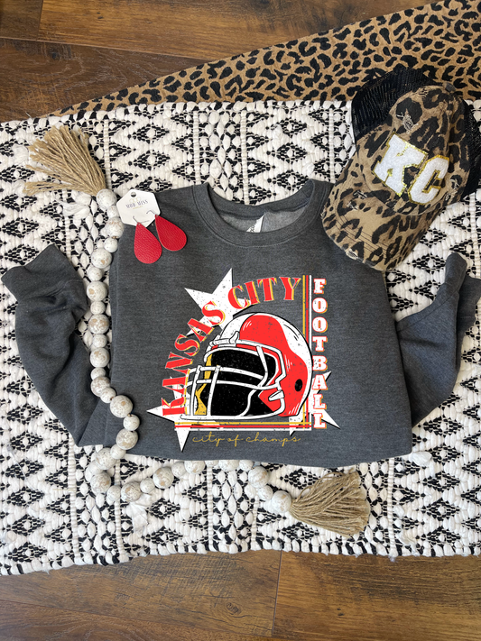 **HALFTIME DEAL** Half Circle Kansas City Football City Of Champs Helmet Dark Heather Sweatshirt