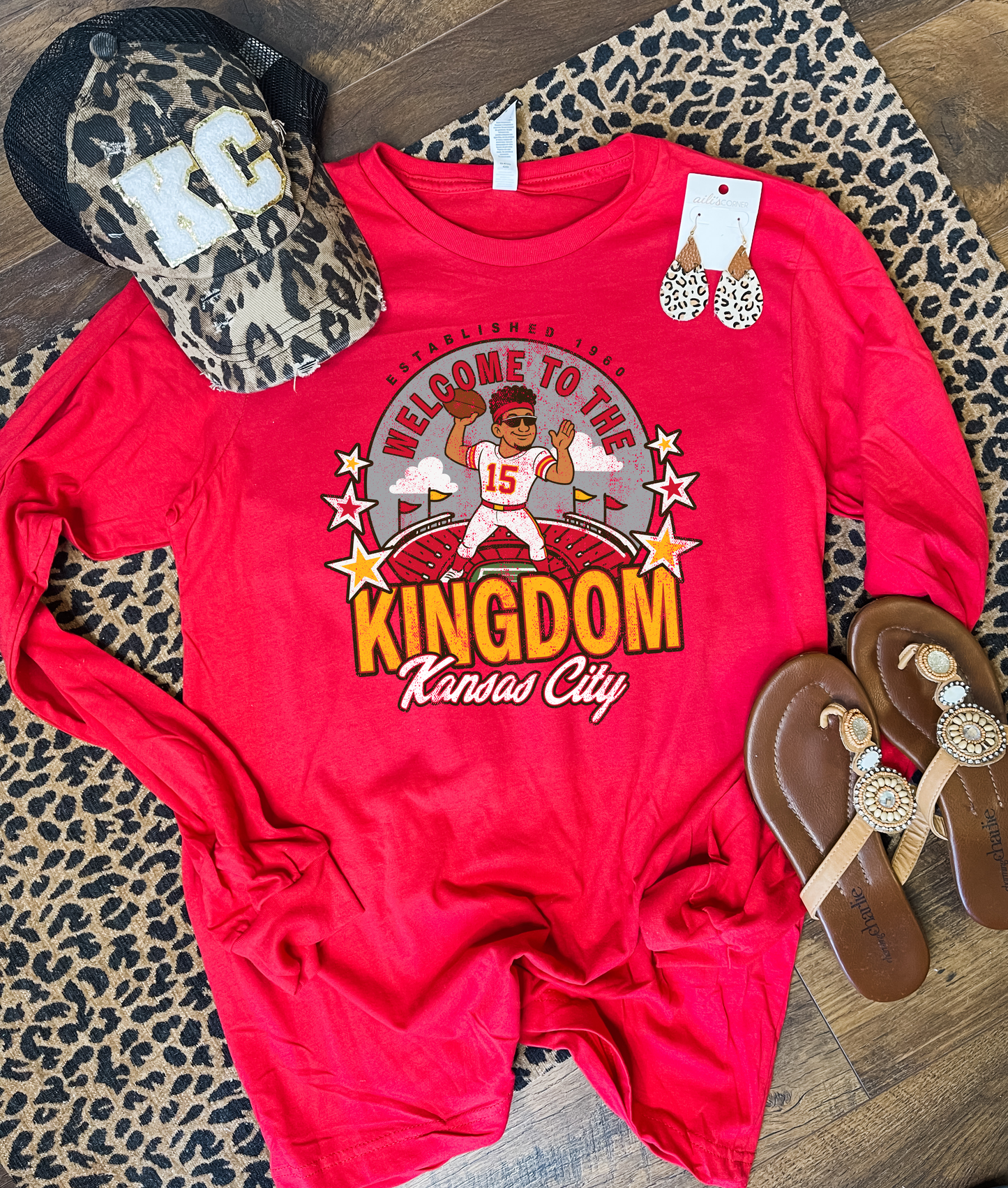 **HALFTIME DEAL** Gold Distressed Mahomes Stadium Red Long Sleeve Tee