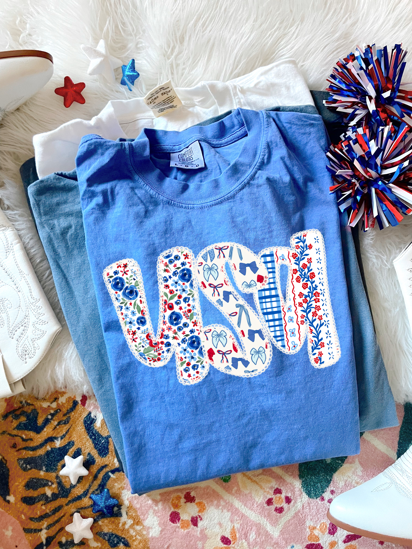 USA Floral & Bow Mystic Blue Tee