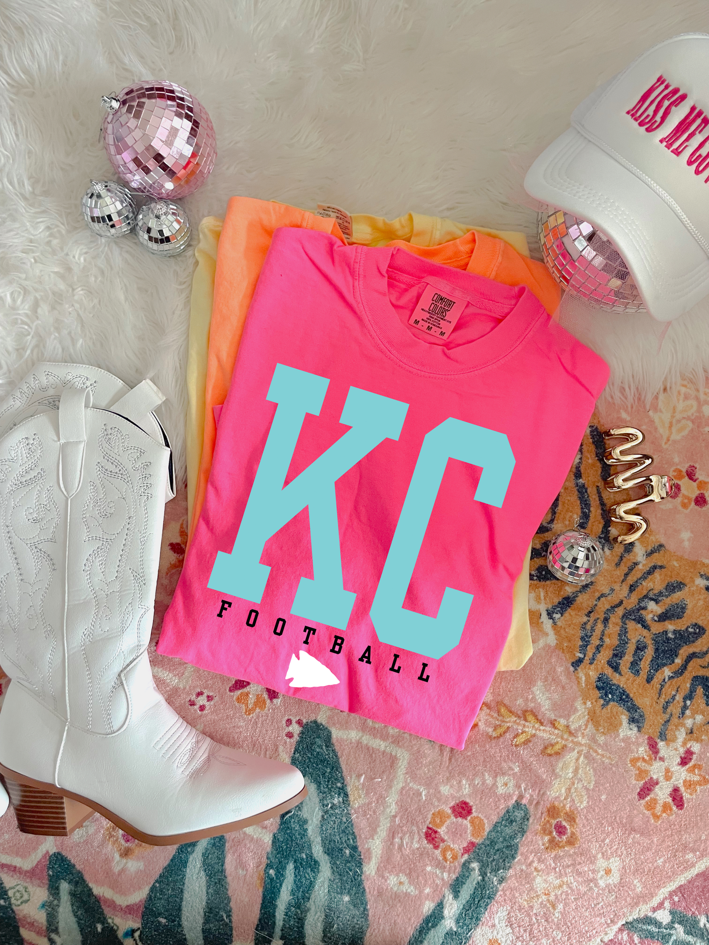 Teal KC Football White Arrowhead Neon Pink Tee/Tank Option