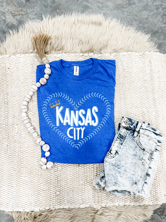 Baseball Stitching KC Heart Heather Royal Tee
