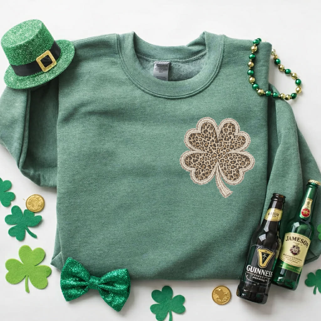 **DEAL OF THE DAY** Left Chest Leopard Shamrock Heather Green Sweatshirt