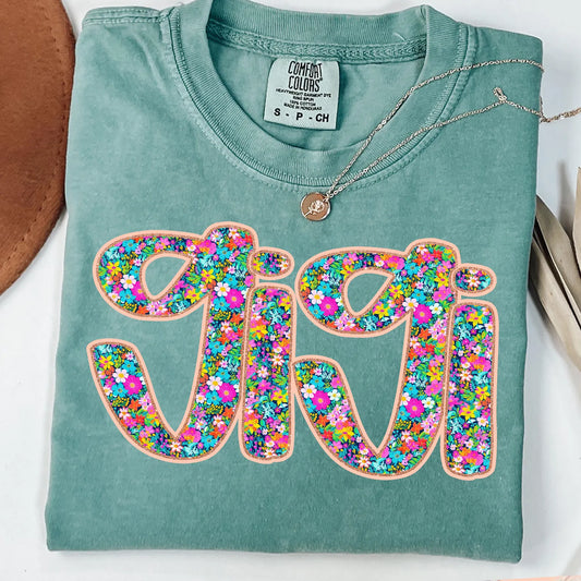 Spring Floral Gigi Script Seafoam Tee