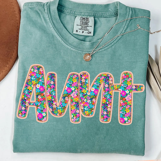 Spring Floral Aunt Script Seafoam Tee