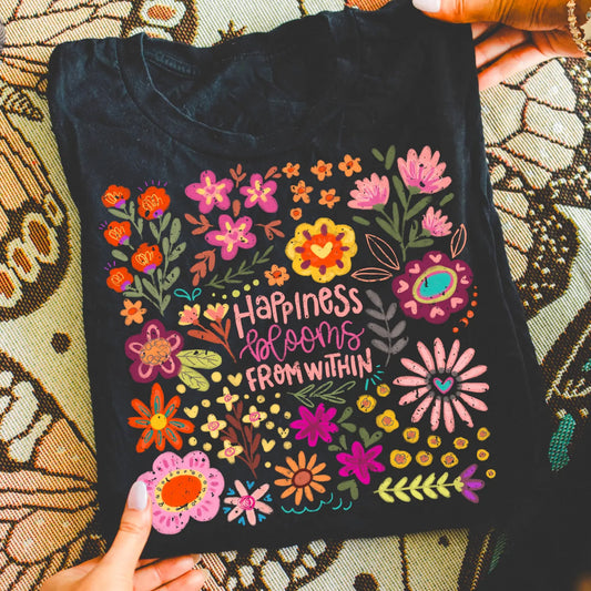 **DEAL PRICE** Happiness Blooms From Within Black Tee