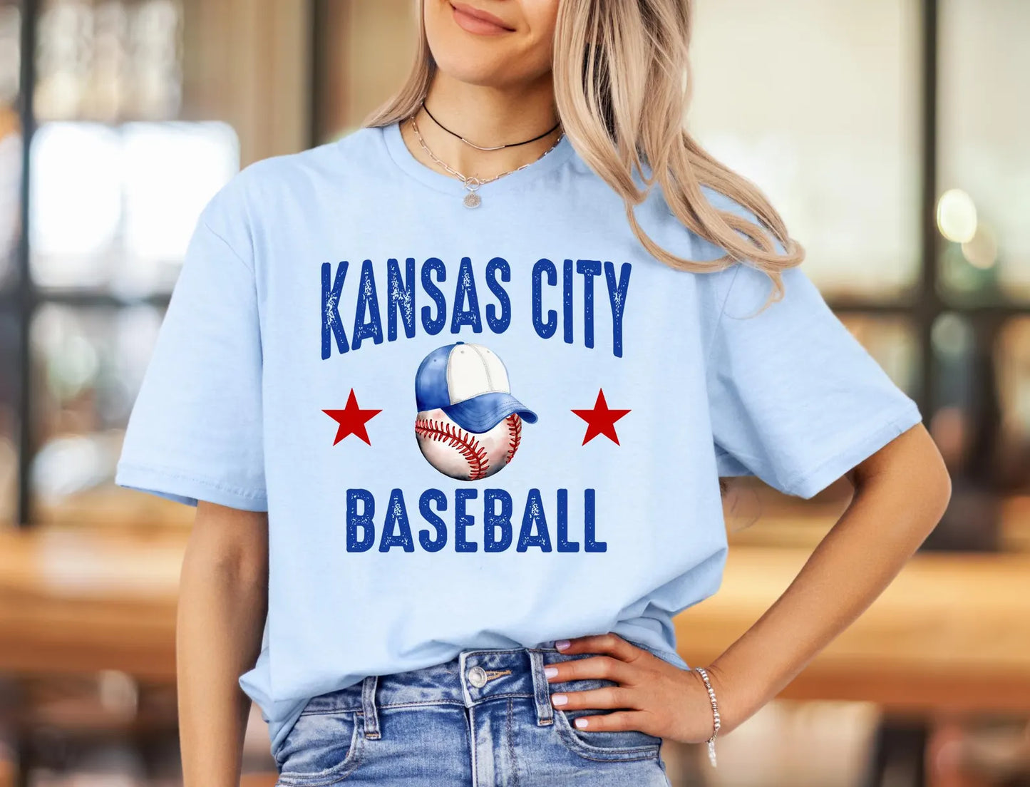 Kansas City Baseball With Hat Light Blue Tee