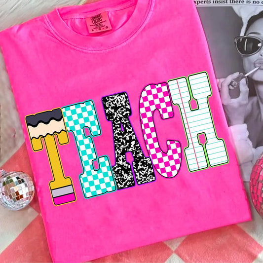 **Back To School** Checkered & Pencil Teach Neon Pink Tee