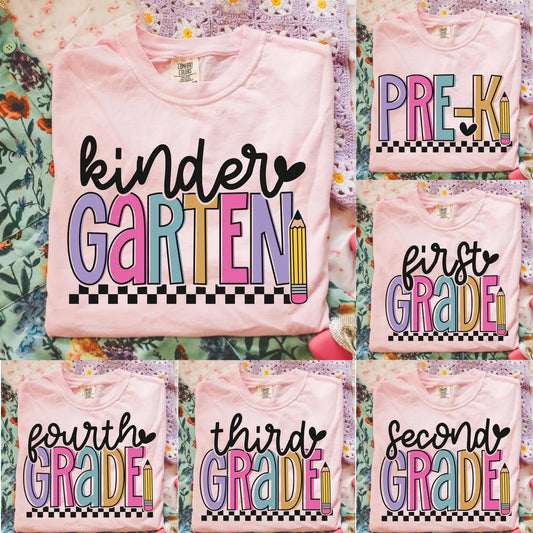 **BACK TO SCHOOL** Block Letter Grade Option Blossom Tee
