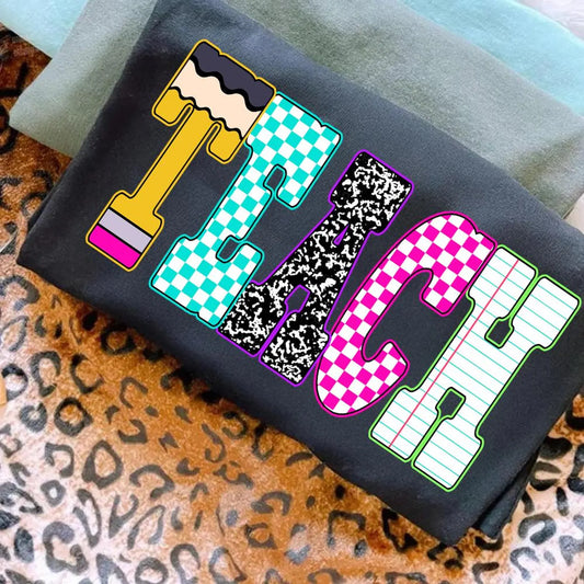 **Back To School** Checkered & Pencil Teach Black Tee