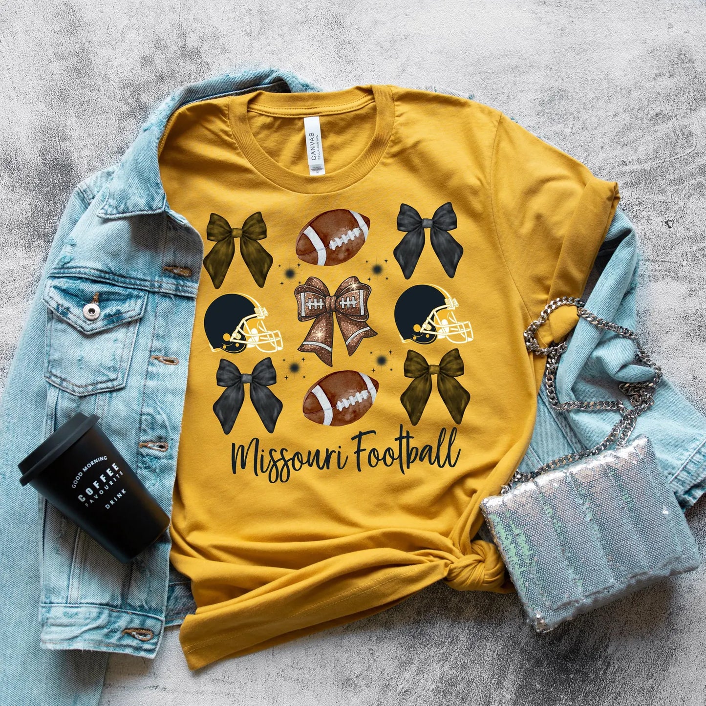 Bows & Football Missouri Collage Heather Mustard Tee