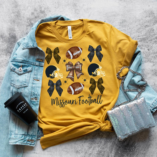 Bows & Football Missouri Collage Heather Mustard Tee