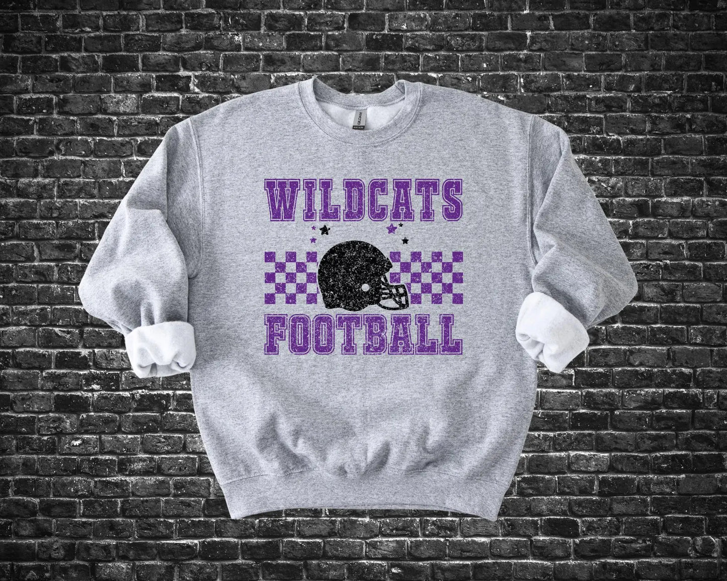 Checkered Wildcats Football Helmet and Stars Sports Grey Sweatshirt