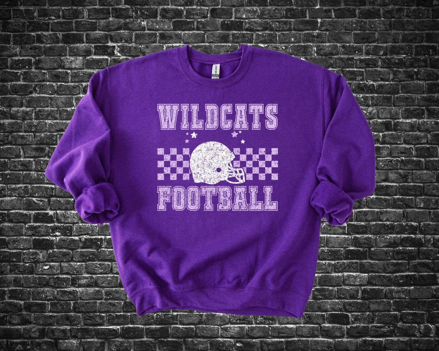 Light Purple Checkered & White Football Helmet and Stars Purple Sweatshirt