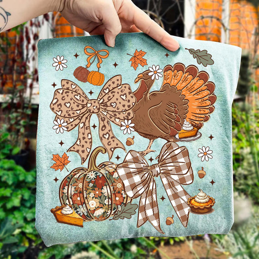 Floral Pumpkin & Brown Checkered Leopard Bow Light Green Tee