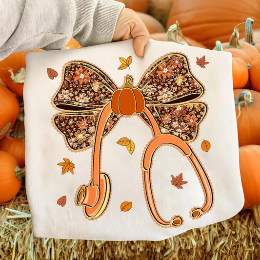 Floral Fall & Pumpkin Stethoscope Ivory Tee