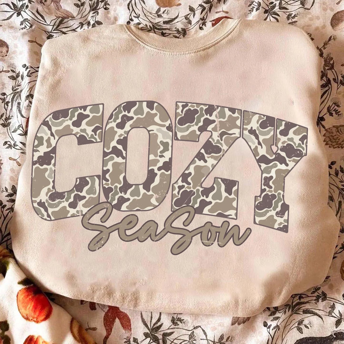 Distressed Camo Cozy Season Sand Sweatshirt