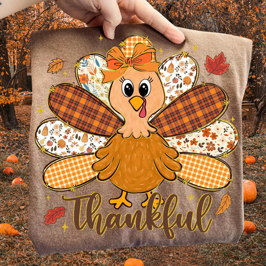 Plaid Turkey Feather Thankful Script Espresso Tee
