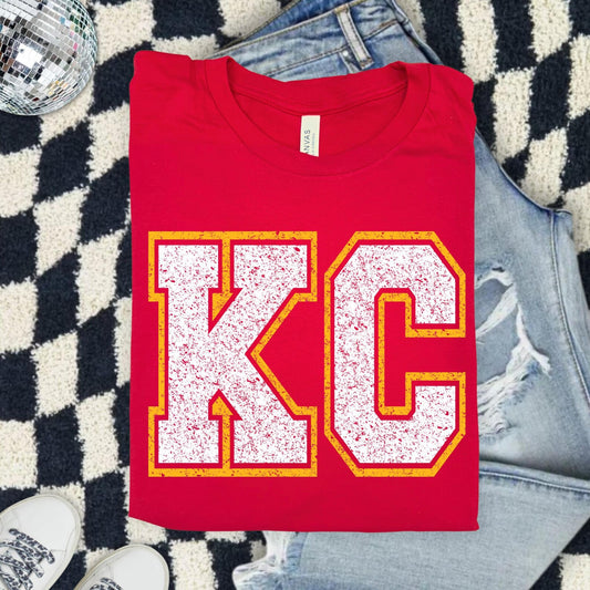 **HALFTIME DEAL** Gold & White Distressed KC Varsity Red Tee