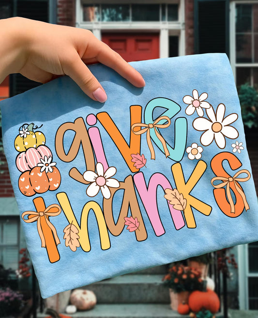 Give Thanks Daisies & Pumpkin Chambray Tee