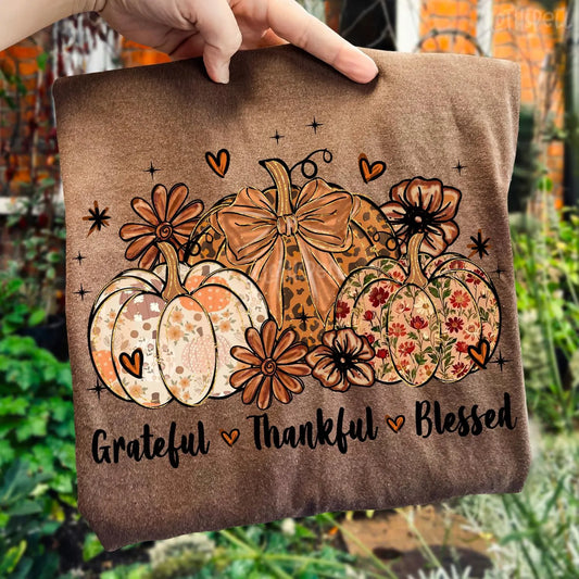 **DEAL PRICE** Grateful Thankful Blessed Floral Pumpkin Espresso Tee