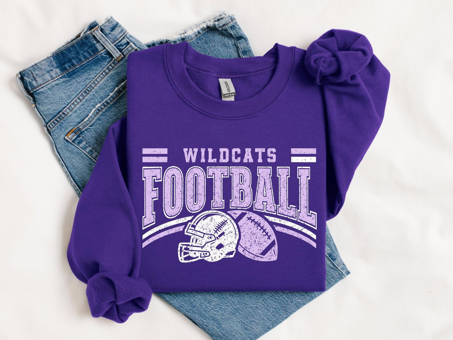 Distressed White & Light Purple Wildcats Football Purple Sweatshirt