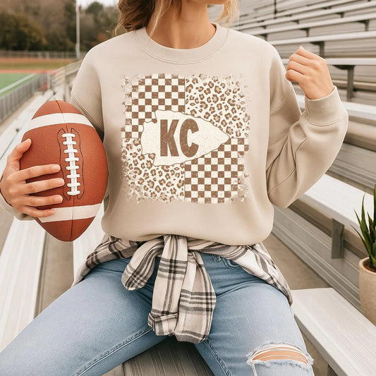 **HALFTIME DEAL** Neutral Checkered & Leopard KC Square Sand Sweatshirt