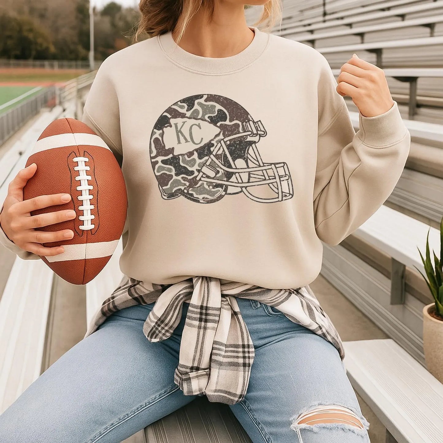 **HALFTIME DEAL** Distressed Camo KC Helmet Sand Sweatshirt