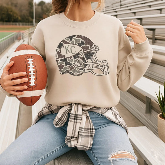 **HALFTIME DEAL** Distressed Camo KC Helmet Sand Sweatshirt