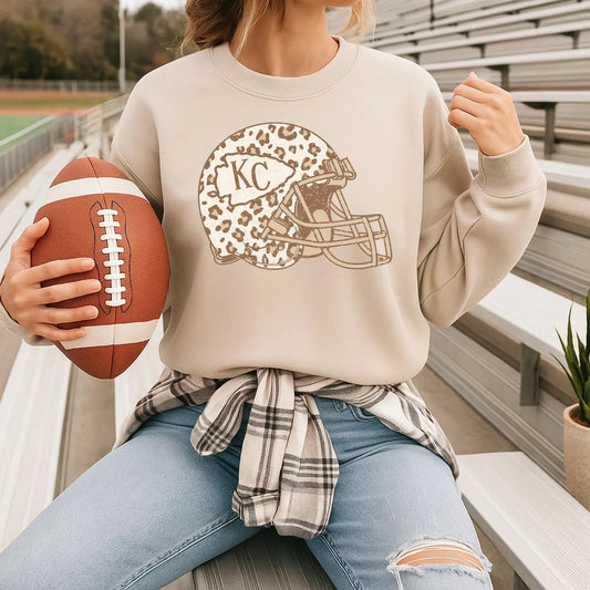 **HALFTIME DEAL** Distressed Leopard KC Helmet Sand Sweatshirt
