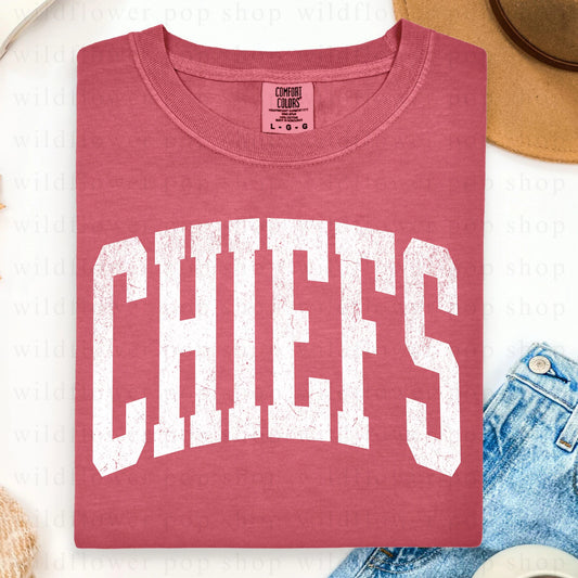 **FIRST 50** White Distressed Block Letters Crimson Long Sleeve Tee