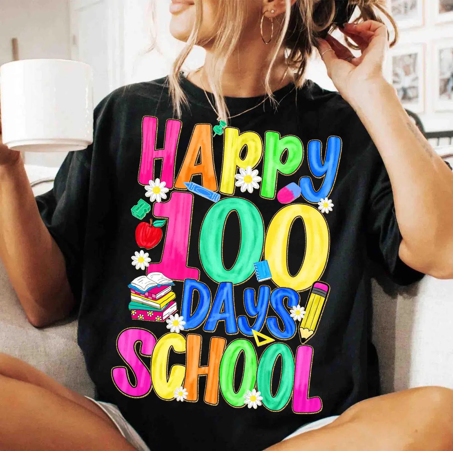 Colorful Happy 100 Days Of School Black Tee