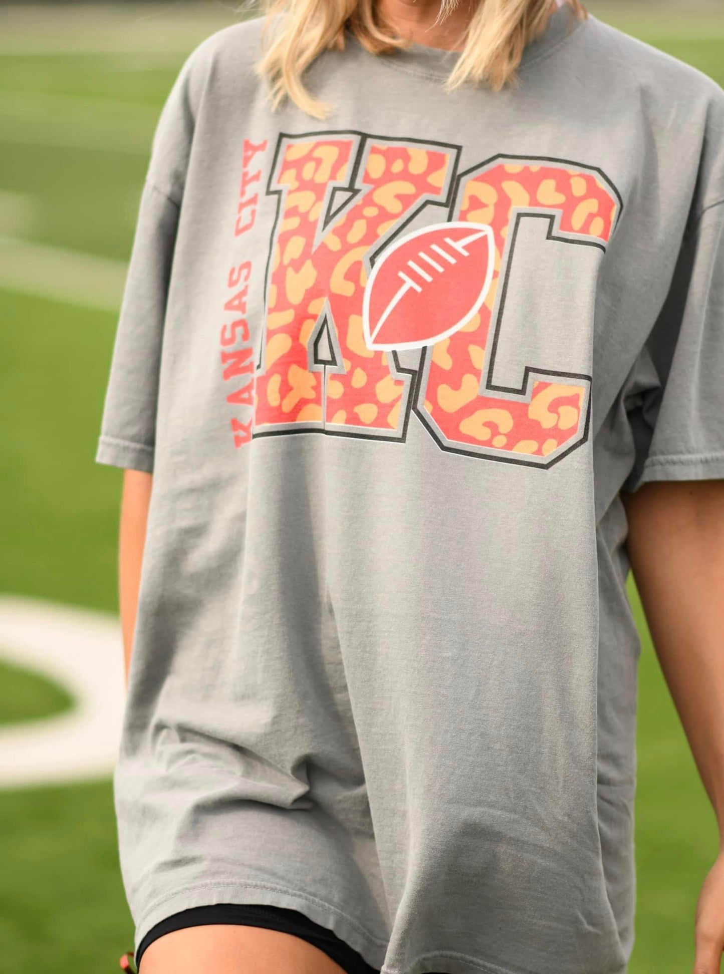 KC Kansas City Leopard Football Grey Tee