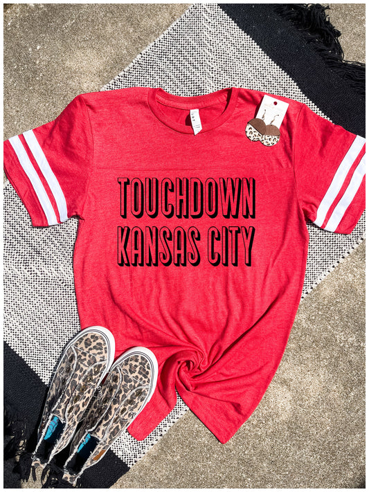 Retro Touchdown Kansas City Red Striped Sleeve Tee